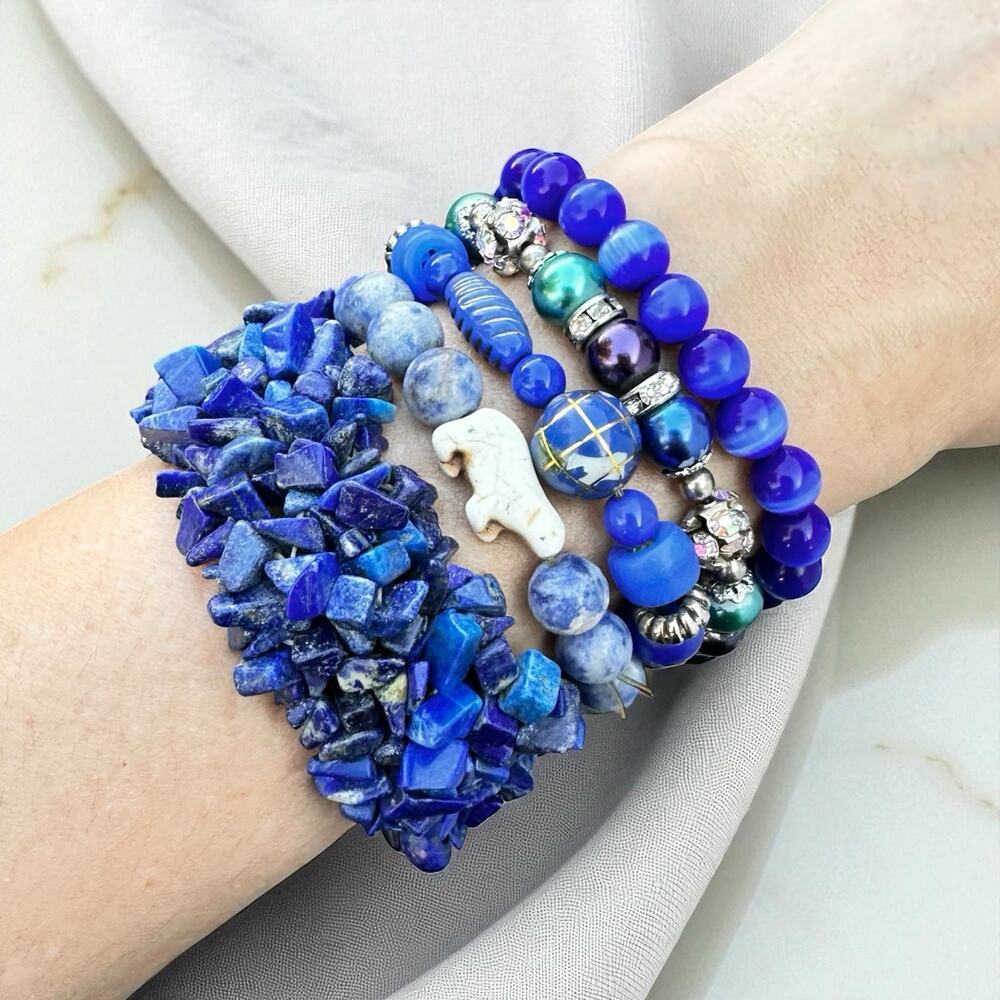 Blue Stone Bracelet Stack Beaded Lapis Sodalite Earth Globe Polar Bear Arctic